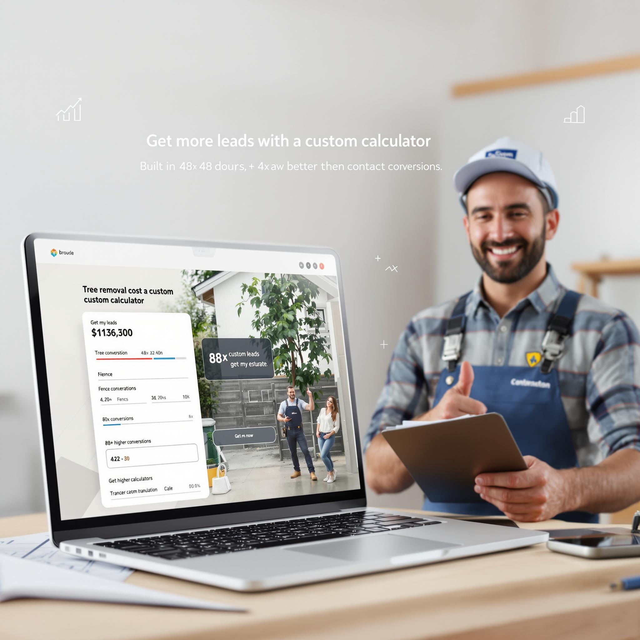 Professional contractor with tablet showing tree removal cost calculator interface