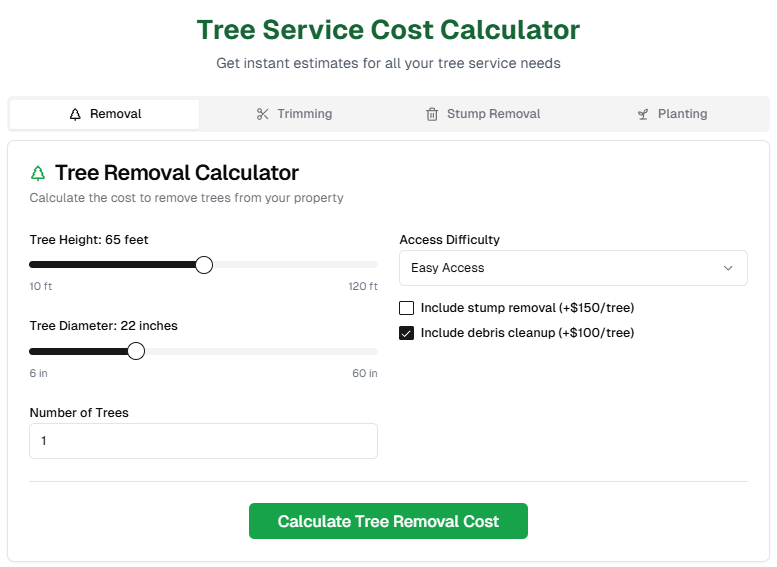 Tree Service Cost Calculator interface showing tree height, diameter, and pricing options